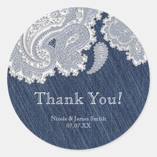 Sticker Rond Denim Jean & White Lace Élégante Mariage nuptiale (Devant)
