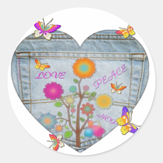 Sticker Rond Denim Pocket Fleurs cardiaques Papillons (Devant)