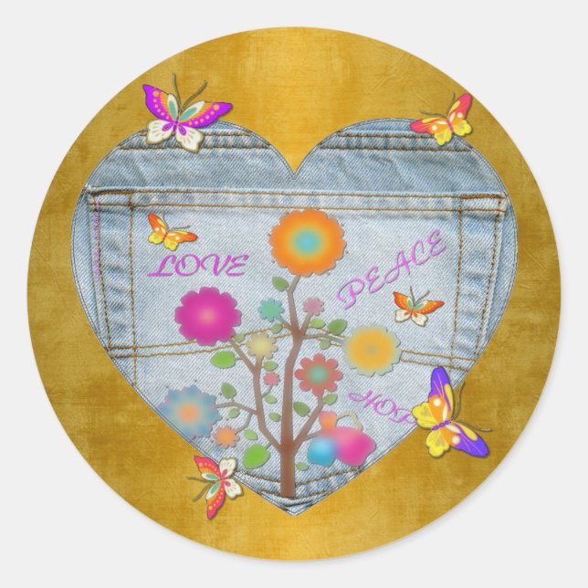Sticker Rond Denim Pocket Heart Flowers Papillons sur Or (Devant)