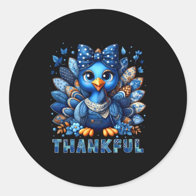 Sticker Rond Denim Thankful Turkey Grandma Mama Mom Give Thanks (Devant)