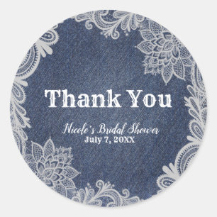 Sticker Rond Denim & White dentelle florale Elégant mariage Fav