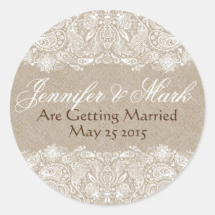 Sticker Rond Dentelle Beige Faux Linen Burlap & White Paisley