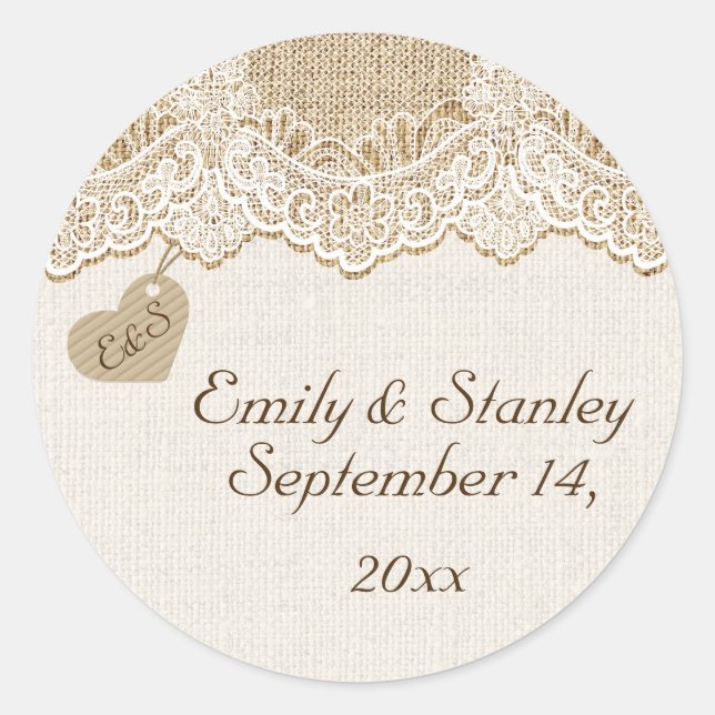 Sticker Rond Dentelle blanche et coeur sur burlap mariage Enreg (Devant)