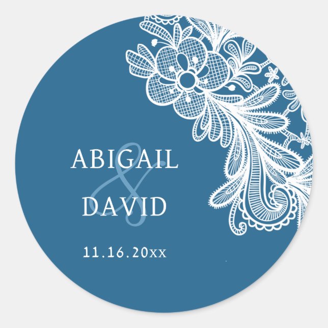 Sticker Rond Dentelle blanche sur Mariage bleu (Devant)
