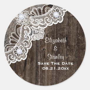 Sticker Rond Dentelle blanche vintage, mariage en bois ancien E