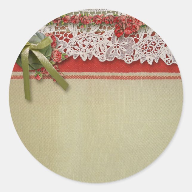 Sticker Rond Dentelle de rose ancienne Toile de jute rouge rust (Devant)