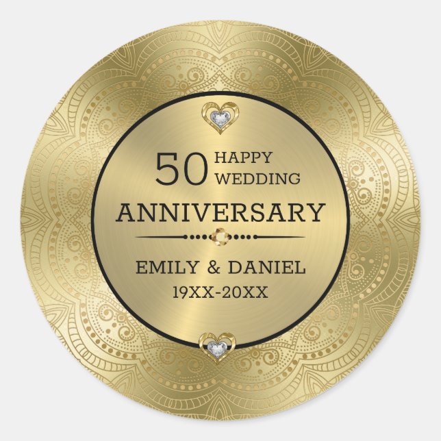 Sticker Rond Dentelle d'or 50e anniversaire mariage assiette de (Devant)