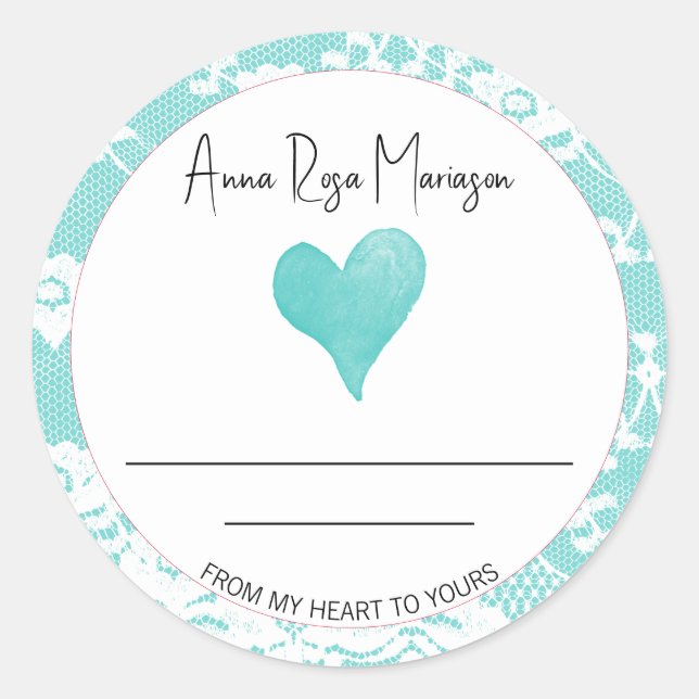 Sticker Rond *~* Dentelle fait maison AP30 TURQUOISE Heart Gene (Devant)