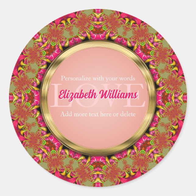 Sticker Rond Dentelle fractale rose et or chaud (Devant)