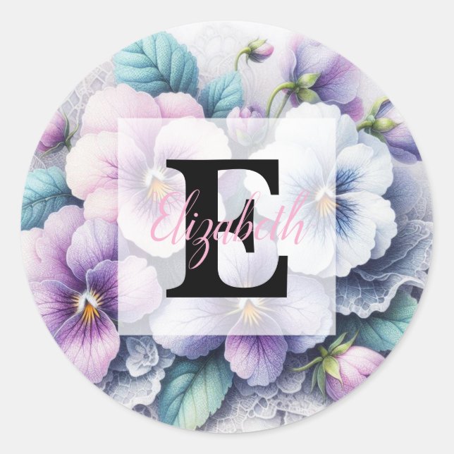 Sticker Rond Dentelle monogramme florale fleurs pensées rose vi (Devant)