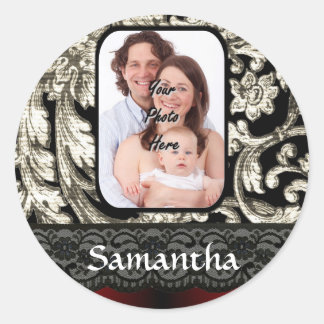 Sticker Rond Dentelle noire et damas