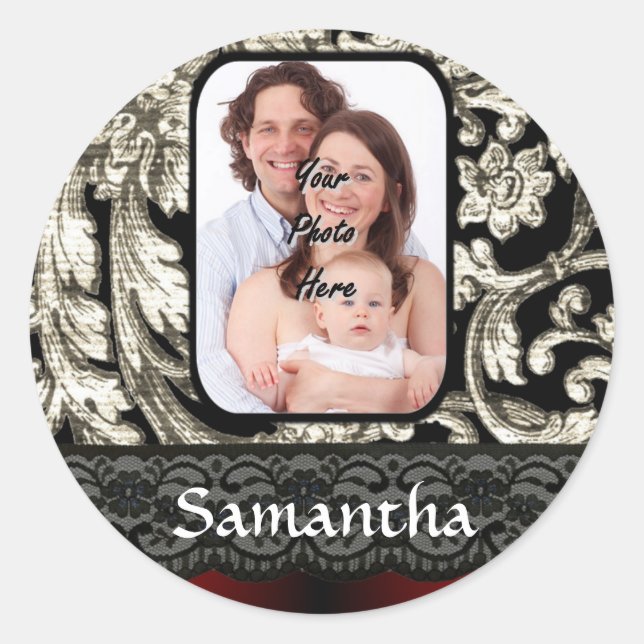 Sticker Rond Dentelle noire et damas (Devant)