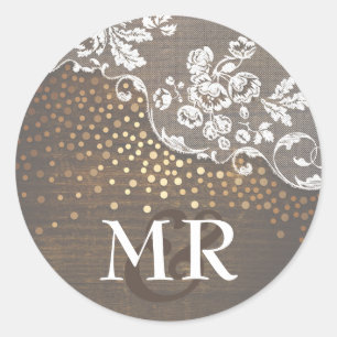 Sticker Rond Dentelle Rustique Bois Or Confetti Mariage de gran
