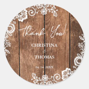 Sticker Rond Dentelle rustique en bois Pays Barre Mariage Merci
