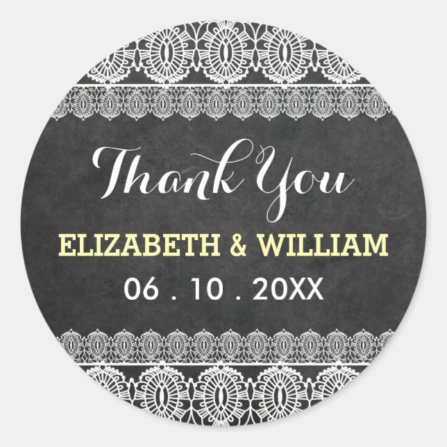 Sticker Rond Dentelle rustique et Mariage de tableau noir Merci (Devant)