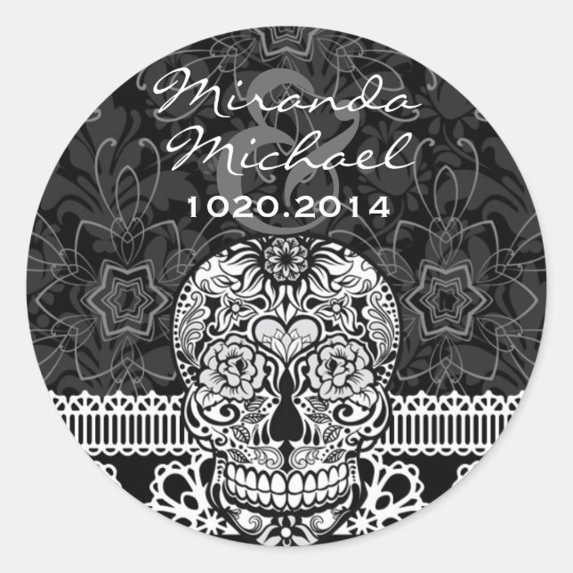 Sticker Rond Dentelle Sugar Skull Day of Dead Save the Date (Devant)