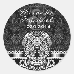 Sticker Rond Dentelle Sugar Skull Day of Dead Save the Date