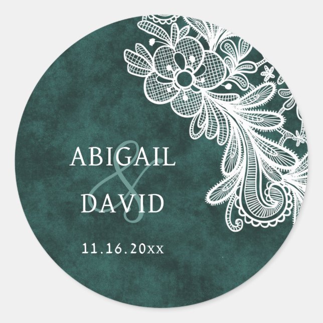 Sticker Rond Dentelle sur Emerald Green Faux Velvet Mariage (Devant)