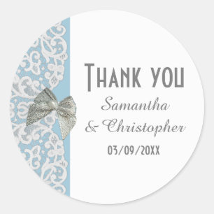 Sticker Rond Dentelle traditionnelle Pastel bleu et blanc merci