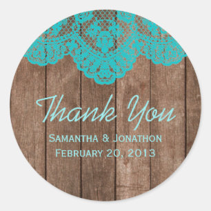 Sticker Rond Dentelle Turquoise rustique et Merci Mariage bois