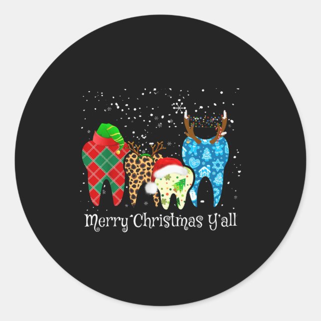 Sticker Rond Dentist Teeth Santa Hat Leopard Plaid Dental Merry (Devant)