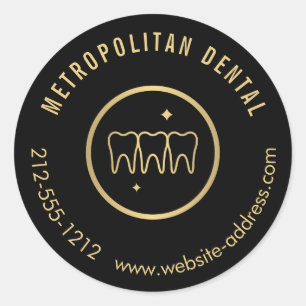Sticker Rond Dentiste moderne Dents Faux Logo Or sur Noir