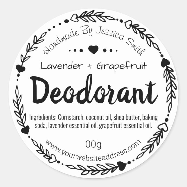 Sticker Rond Déodorant Fabriqué à la main dans le coeur noir et (Devant)
