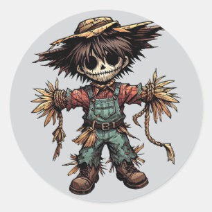 Sticker Rond Déplaisant Scarecrow petit garçon couleur illustra