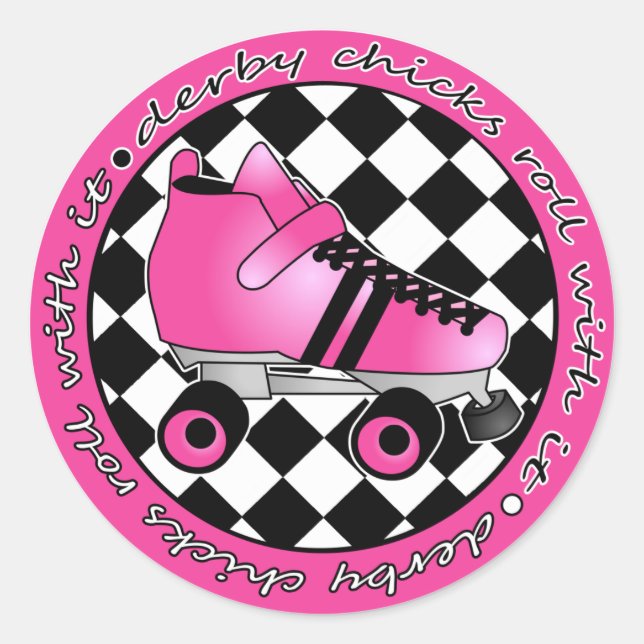 Sticker Rond Derby Chicks Roll with It - Hot Rose Black White (Devant)