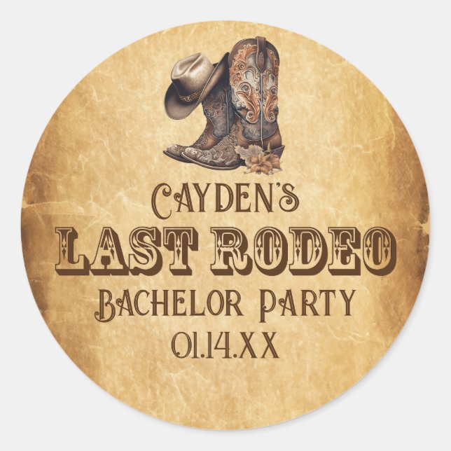 Sticker Rond Dernier Rodeo Cowboy Bachelor Party Grunge Brown (Devant)