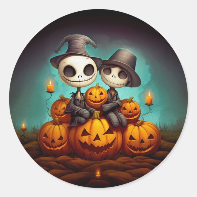 Sticker Rond Des amis païens éffrayants fêtent l'Halloween (Devant)