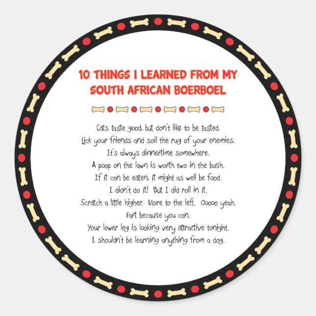 Sticker Rond Des Choses Drôle Que J'Ai Apprises De Boerboel Sud (Devant)