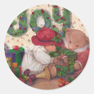 Sticker Rond Des Ours Joyeux Fabriquant Des Guirlandes De Noël