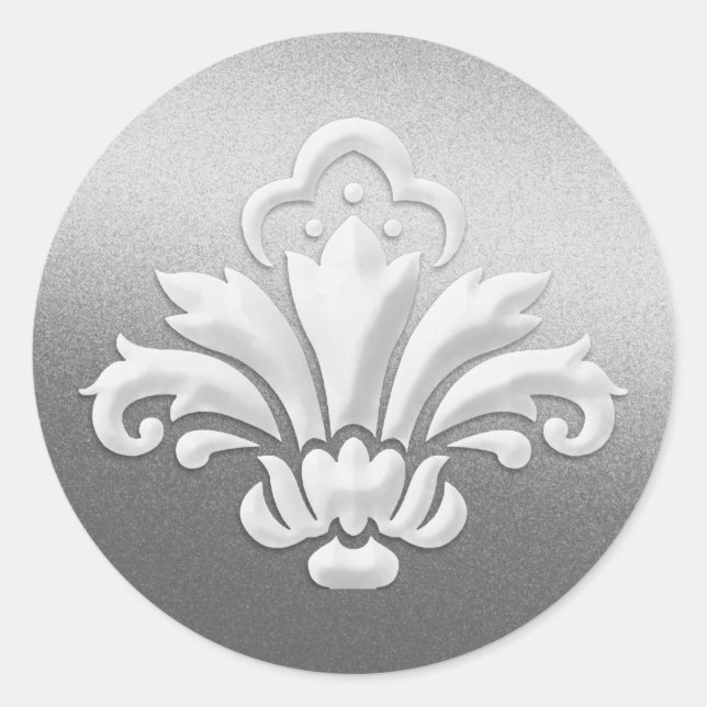 Sticker Rond Design Damask blanc sur Shimmer argenté (Devant)