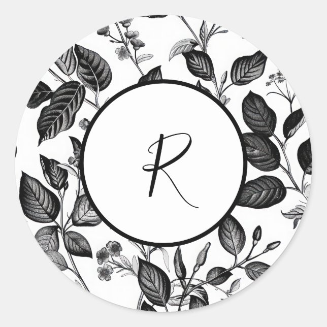 Sticker Rond Design en feuilles noires et blanches (Devant)