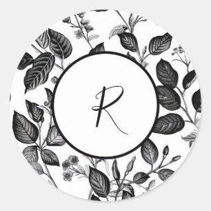 Sticker Rond Design en feuilles noires et blanches