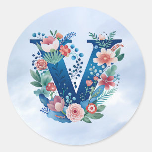 Sticker Rond Design floral décoratif monogramme "V"