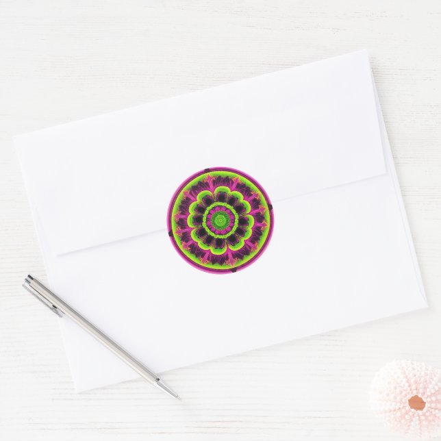 Sticker Rond Design Kaleidoscope Rose Neon Et Vert (Enveloppe)
