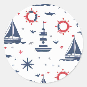 Sticker Rond Design nautique bleu, blanc et rouge
