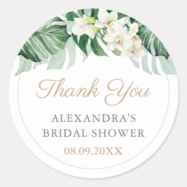 Sticker Rond Design Tropical Foliage Wedding shower Favoriser (Devant)