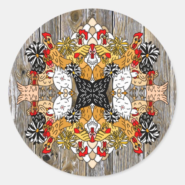 Sticker Rond Dessin à la main amusant Poulets de dessin (Devant)