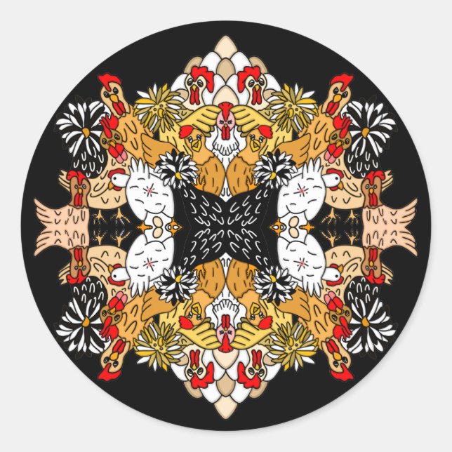 Sticker Rond Dessin à la main amusant Poulets de dessin (Devant)