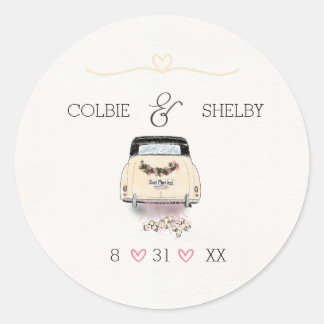 Sticker Rond Dessin à la main Vintage Car Mariage Sttcke