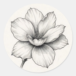 Sticker Rond Dessin à l'encre de fleur botanique vintage en lig