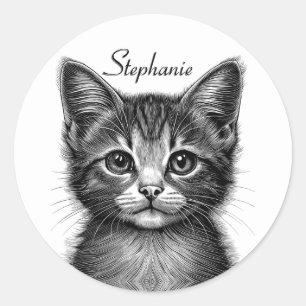 Sticker Rond Dessin adorable de Jeune Chat Texte personnalisé