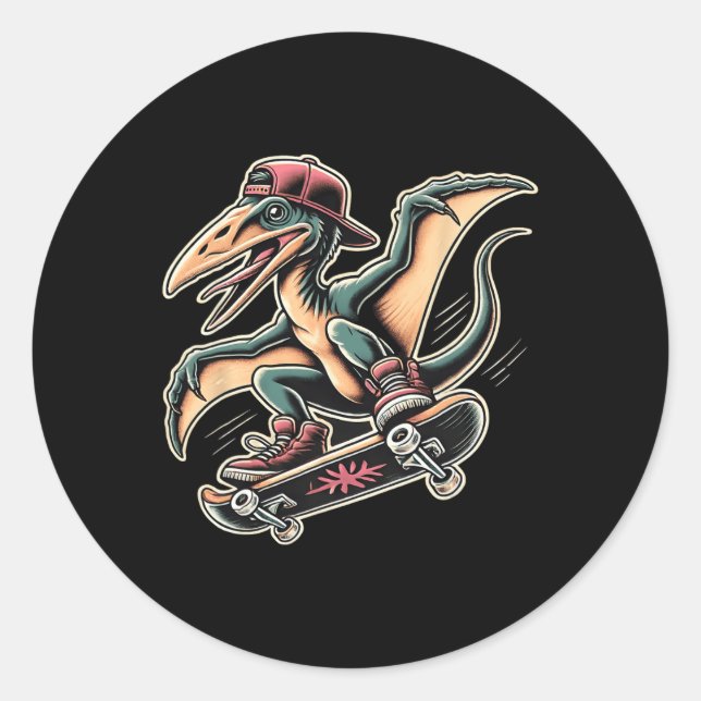 Sticker Rond Dessin animé de dinosaure ptérodactyle de skateboa (Devant)