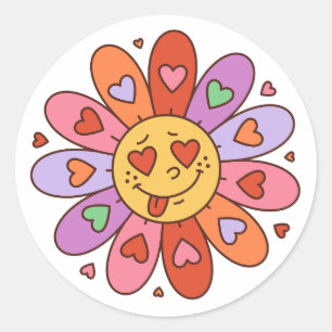 Sticker Rond dessin animé rétro super hippie amoureux daisy flo