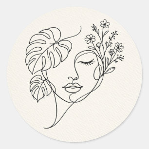 Sticker Rond Dessin au trait du visage floral Monstera