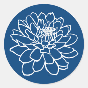 Sticker Rond Dessin Chrysanthemum - Blanc sur Indigo Style Bleu