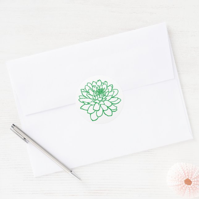 Sticker Rond Dessin Chrysanthemum - Vert d'herbe sur blanc (Enveloppe)